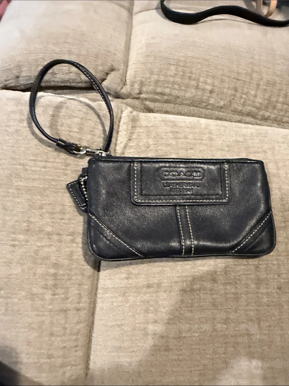 Coach Black Leather Zip Wristlet with Contrast Stitching